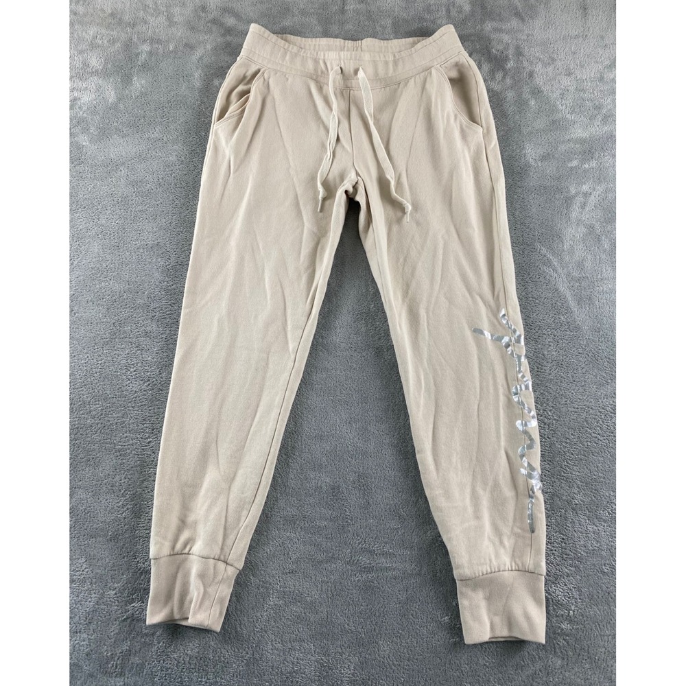 PINK Victoria's Secret Women Jogger‎ Sweatpants Tan Beige Silver Logo Small